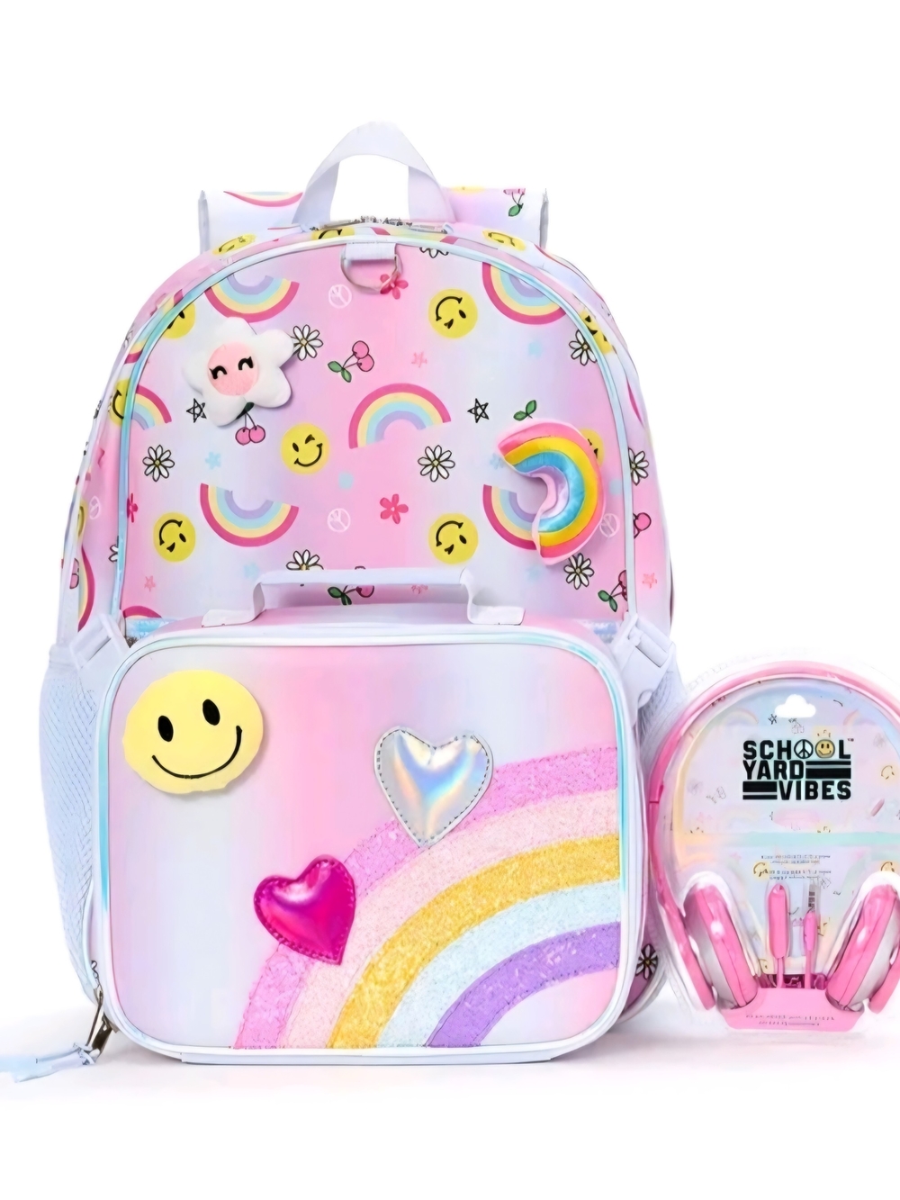 Kids Rainbow Smiley Backpack with Matching Headphones - Pink